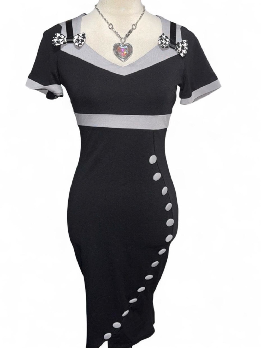 Black and Gray Retro-Inspired Midi Dress with Bow Accents